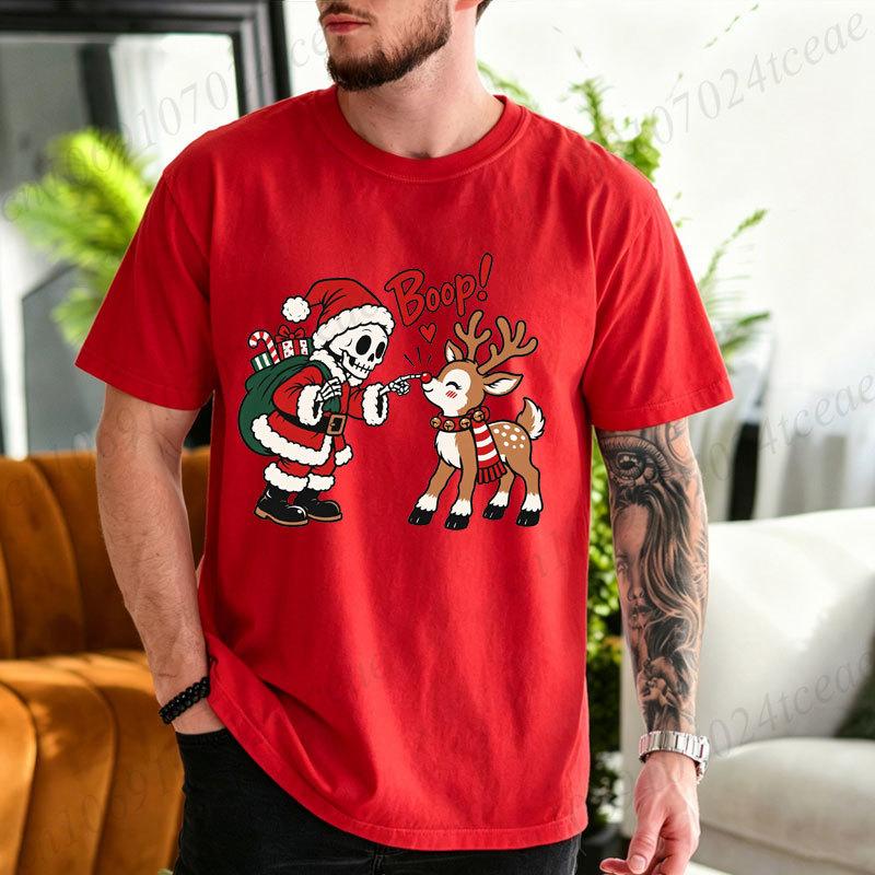 Cotton T-Shirt Christmas Skeleton Santa Reindeer Graphic Tshirt, Reindeer Boop Retro Holiday Humor Tees,Xmas Holiday Family Matching Party Tops