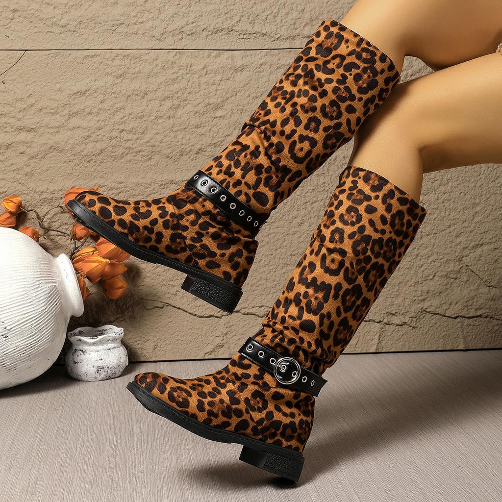 Außenhandel Übergröße Leopardenmuster Hoher Schaft bis Knie Mode Stiefel 2025 Herbst und Winter Blockabsatz Runde Spitze Damenstiefel Lagerware