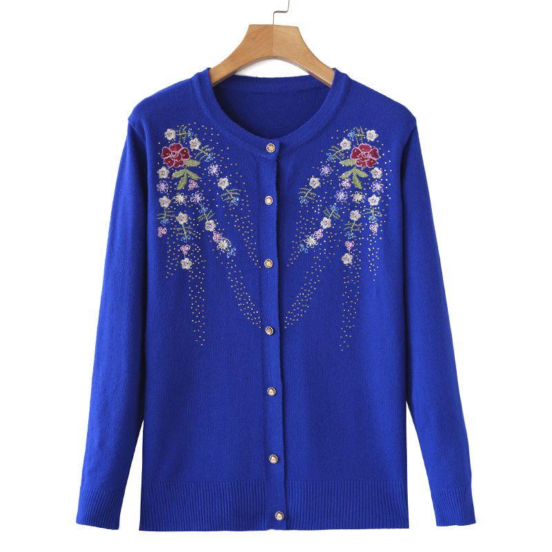 Women's Round Neck Embroidered Knit Cardigan Spring Autumn Rhinestone Loose-Fit Cardigan Sweater