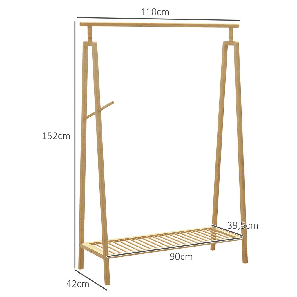 Bamboo Clothes Rack Wooden Coat Hanger With Shoe Shelf Dim 110L X 42W X 152H Cm