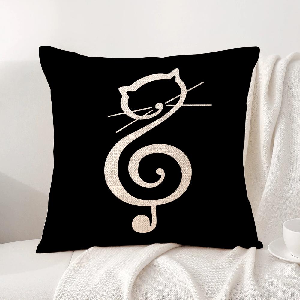 Music and Cat Cushion Cover Natural Linen Organic Fabric DoubleSided Printing Sofa Home Decor Breathable Bed Pillow