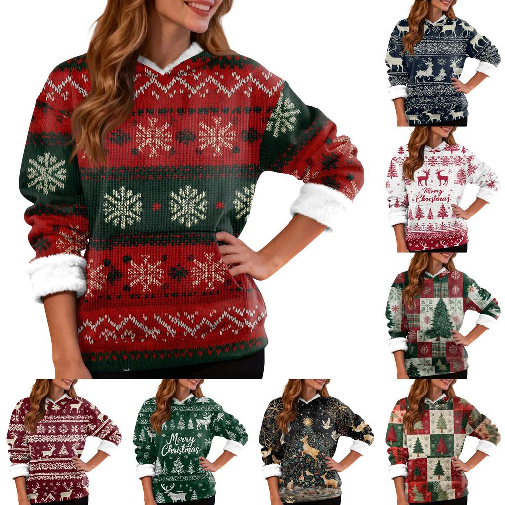 Women's Fashion Casual Long Sleeve Christmas Printed Hooded Sweatshirt