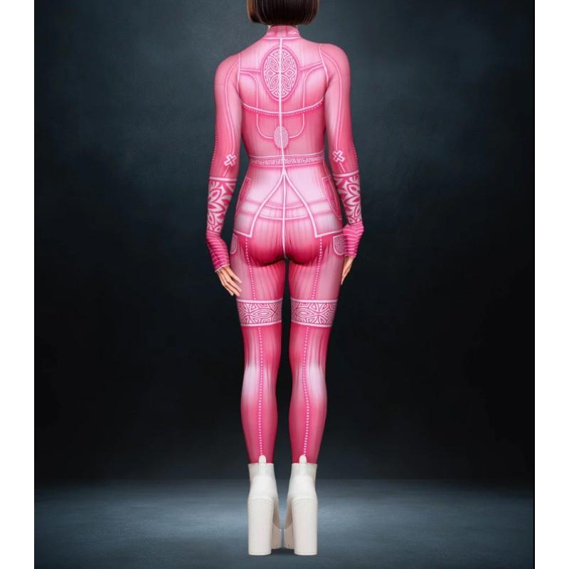 Women Dance Pink Tights Adults Halloween Party Cosplay Dress Up Cyber Punk 3D Digital Printing Jumpsuit
