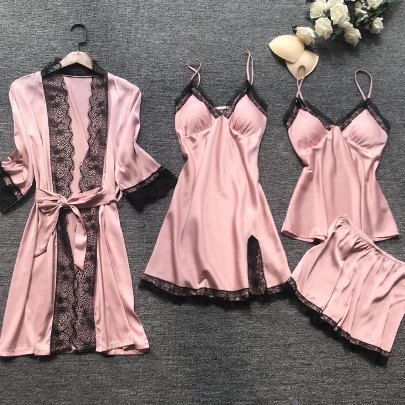 4-teiliges Nachtwäsche-Pyjama-Set aus Seide für Damen, Nachthemd, Spitzenkleid, Bademantel, Schlafanzug, Nachtwäsche aus Seide, einfarbig, Pijama-Sets