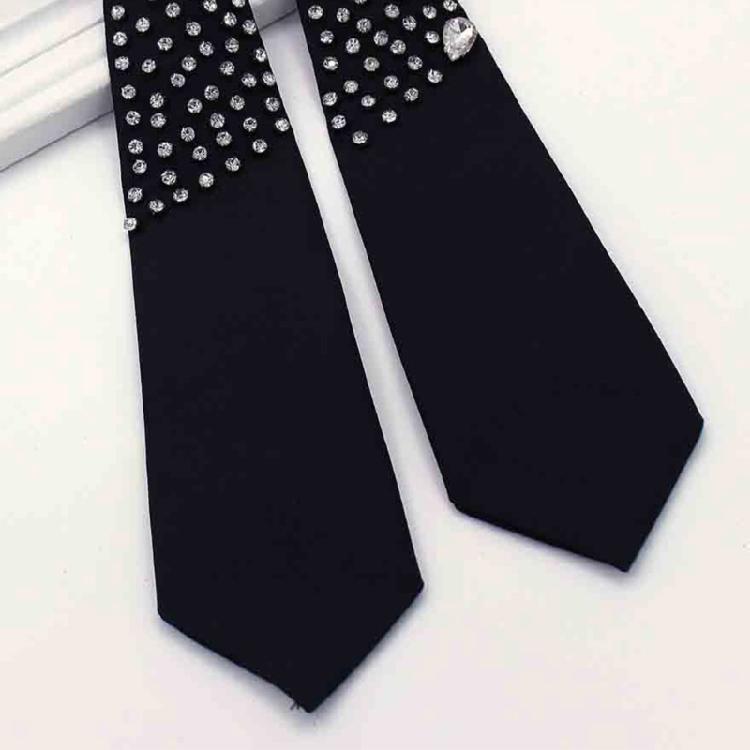 Rhinestones Embellished Necktie for Women Men Student Elegant Pre Tied Adjustable Black Ties for Uniform School Shirt