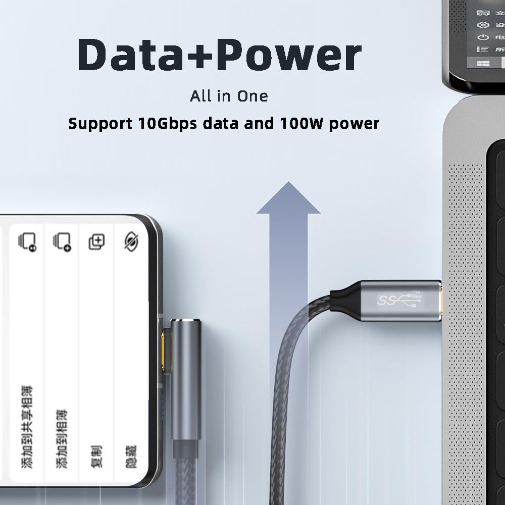 CABLECC 10Gbps 100W Data Reversible Male to Male USB Cable 90 Degree Angle Low Profile 200cm for Laptop Phone Type-C USB-C 3.1