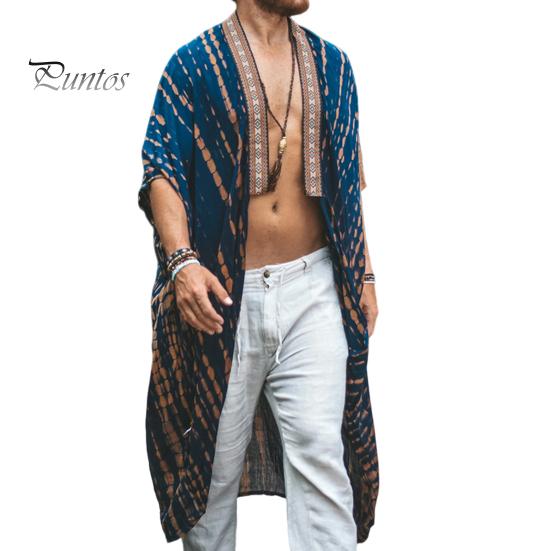 

Мужское пляжное пальто в стиле ретро, ​​свободная посадка средней длины с принтом, солнцезащитная куртка с открытой передней частью, длинная верхняя одежда XL синий