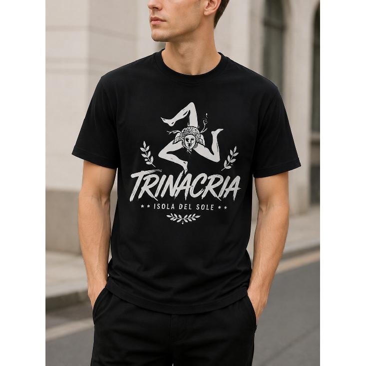 Men's Black Short Sleeve Crew Neck T-Shirt with Vintage Trinacria Graphic Print, Soft Cotton Blend for Casual Daily Wear or Travel Souvenir Style