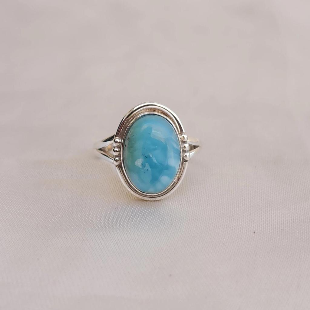 Natural Blue Larimar 925 Sterling Silver Ring Jewelry, Handmade Larimar Artisan Ring