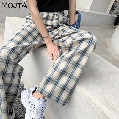 Summer Simple Vintage Plaid Casual Long Women Pants Street Fashion Straight Wide Leg Pant