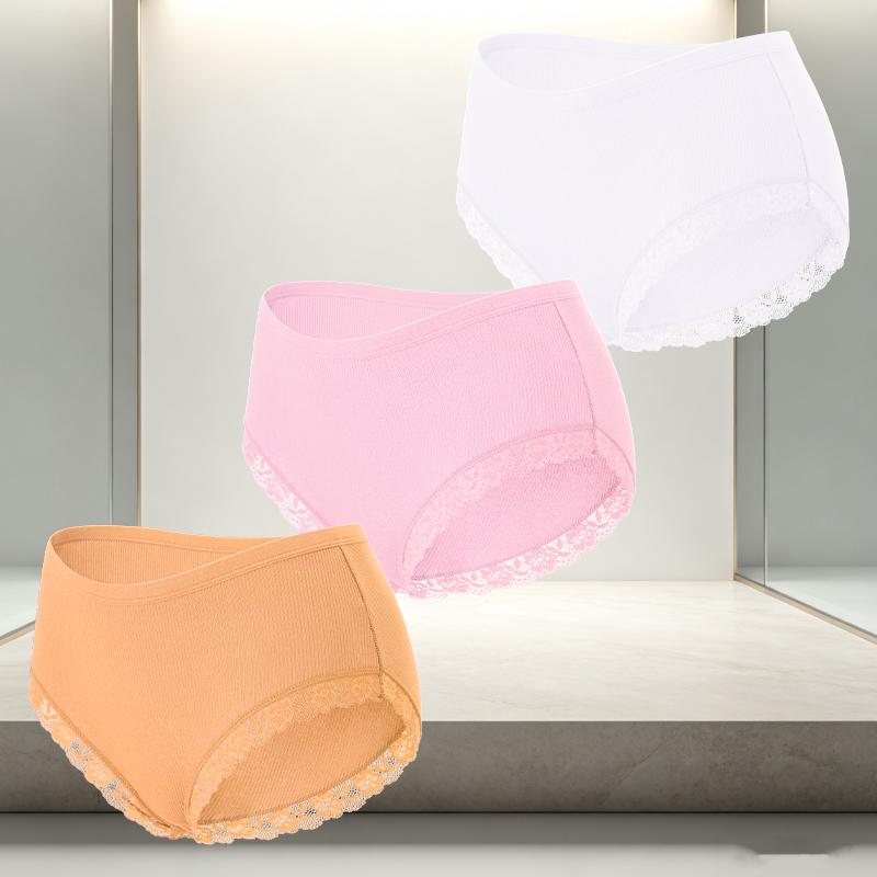 FINETOO 3Pcs/Set Women's Cotton Patchwork Lace Underwear Solid Color High Rise Ribbed Underpants Soft Breathable Panties Female Lingerie