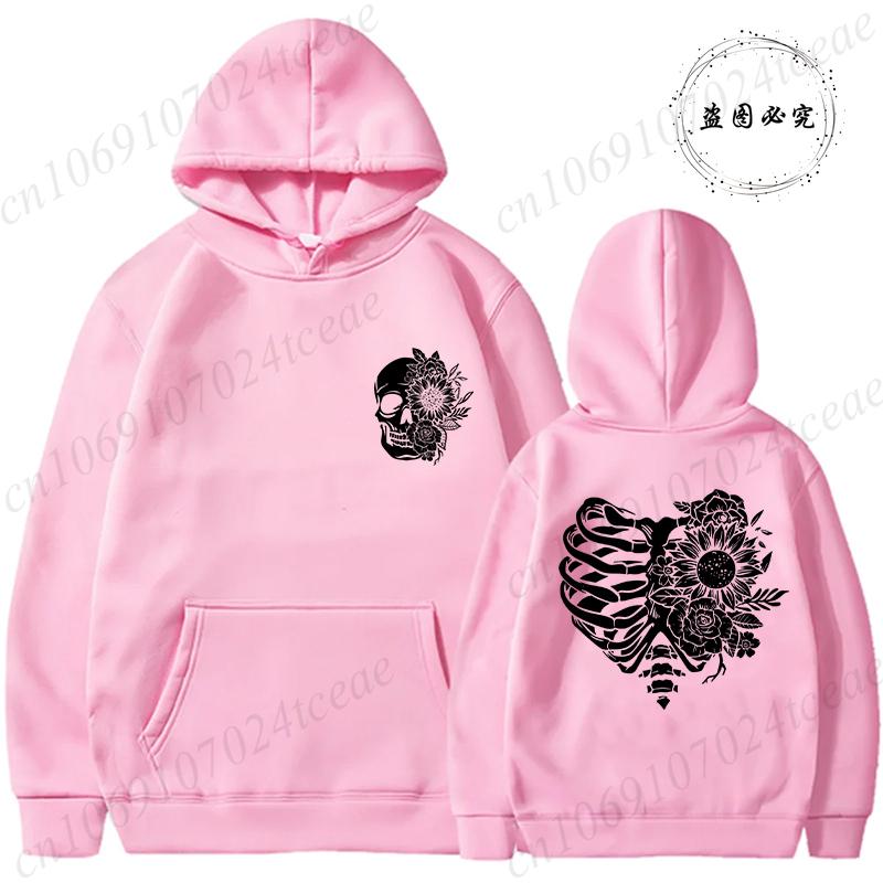 Fashionable Floral Rib Cage Print Daily Women Hoodies Loose Classic Style Long Sleeve Streetwear Skeleton Black Sweatshirts Tops