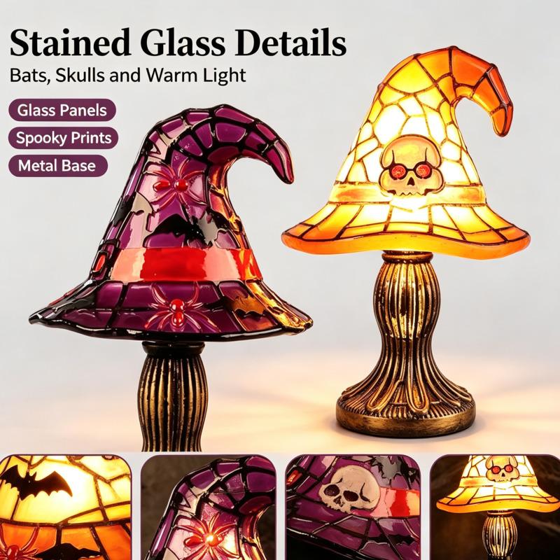 Creative Resin Spider Witch Hat Shape Atmosphere Night Light Stained Glass Decorative Lamp For Halloween Party Bedroom Decor