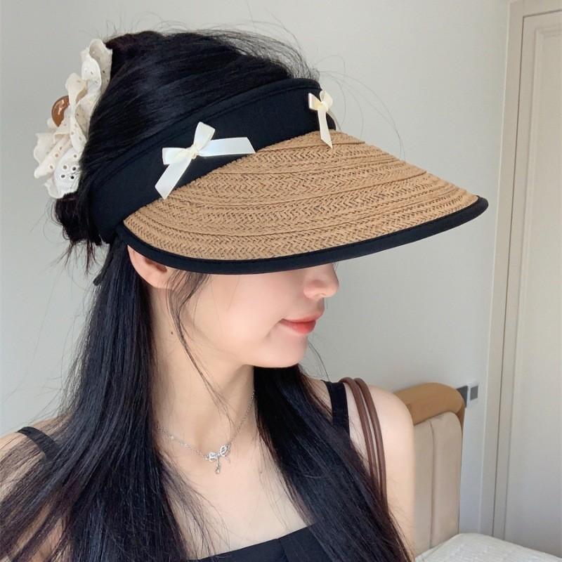 Summer Black Straw Wide Brim Hat For Women With Bow Adjustable For Outdoor Use