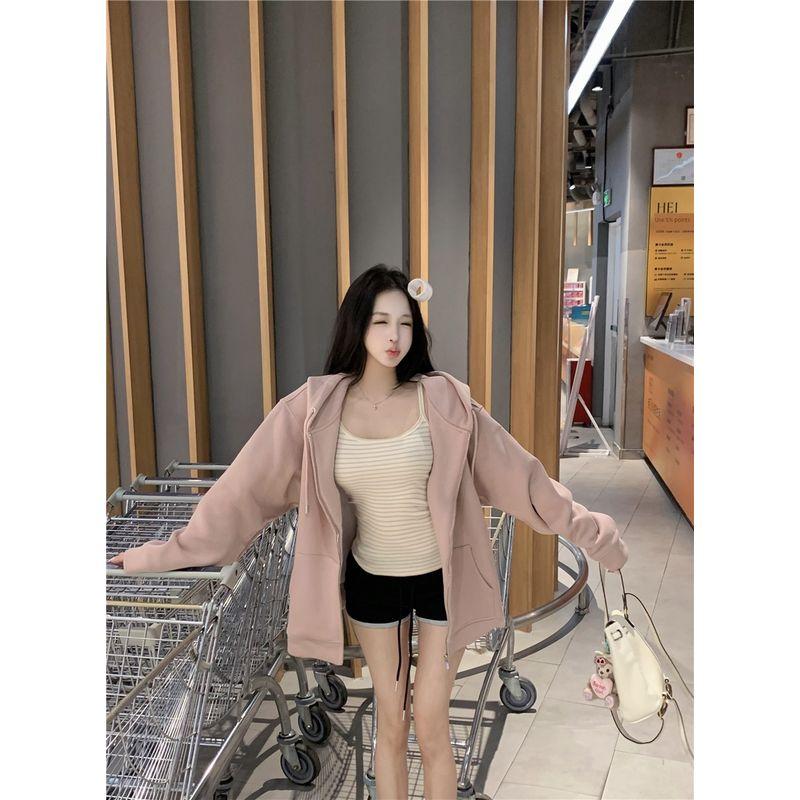 

Kumikumi Design Sense Hood Long sleeve Hoodie Inner wear Cami Women Autumn Black Casual Pants Three-Piece Set Stripes vest S