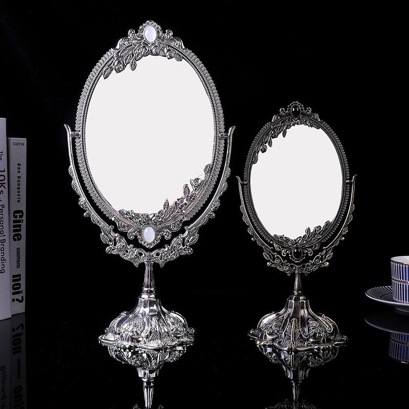 Vintage Metal Double Sided Makeup Mirror HD Beauty Mirror Dressing Table Desktop Decoration Exquisite Embossed Carving Glass Art