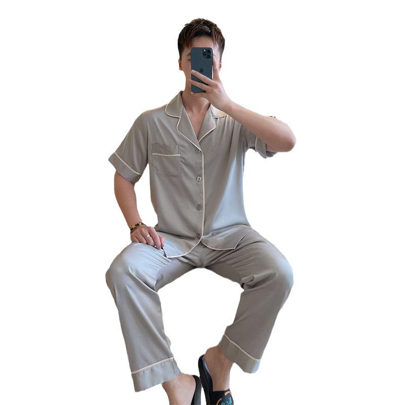 2023 Men's Ice Silk Pajama Set: Short Sleeve Top & Long Pants for Teens