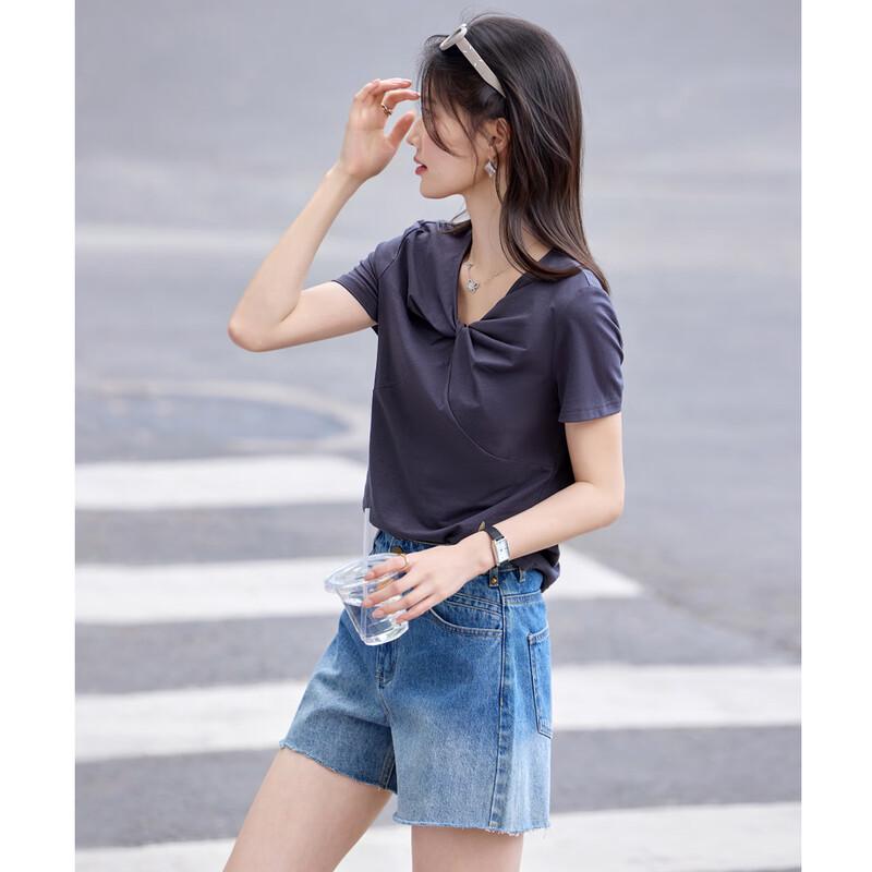 Elegant Pleated V-Neck Short-Sleeve T-Shirt XXL