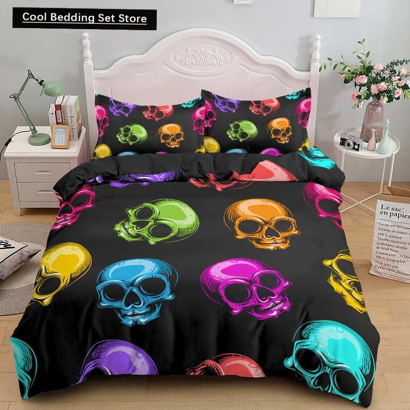 Skull Couple King Queen Duvet Cover Skeleton Bride Bedding Set for Kids Teens Adults Halloween White 2/3pcs Soft Quilt Cover
