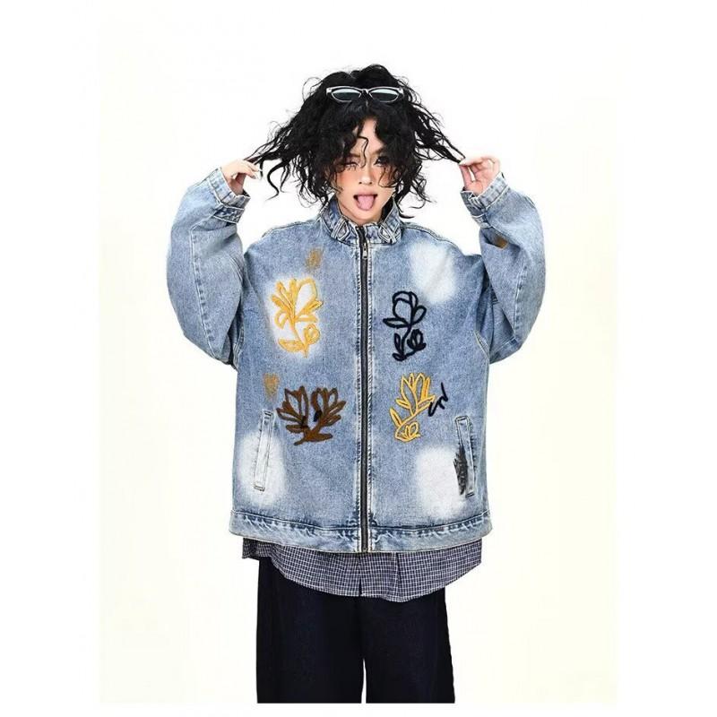 Vintage Floral Embroidered Denim Jacket Men