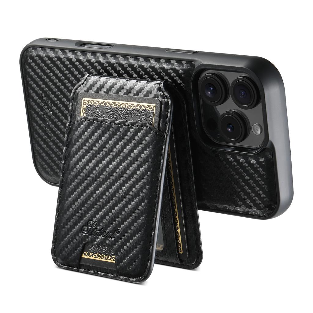 SUTENI H18 For iPhone 16 Pro Max Magnetic Case Carbon Fiber Texture Leather+TPU Cover with Detachable Card Bag