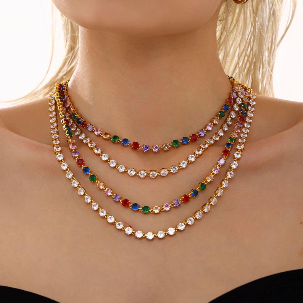 Mili Ins 18K Gold PVD-Plated Stainless Steel Set: Handmade Claw-Set 5mm Colored Zircon Bracelet & Necklace, Super Shiny.