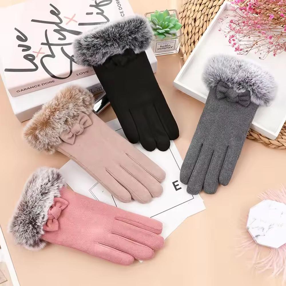 Gants Bow Chauds en Cachemire pour Femmes en Hiver Coréens Antidérapants Écran Tactile Gants Simples pour les Doigts Gants Élégants et à la Mode