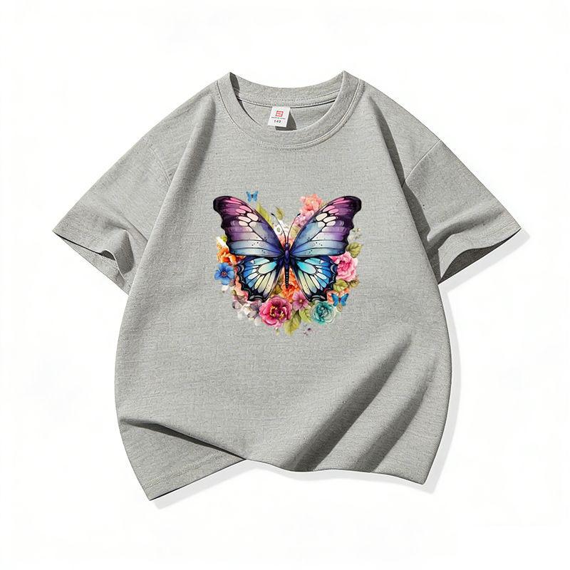 Kids Cotton T Shirt Colorful Floral Watercolor Butterfly Print Crew Neck Short Sleeve Tee Casual Boys Girls Summer Tops