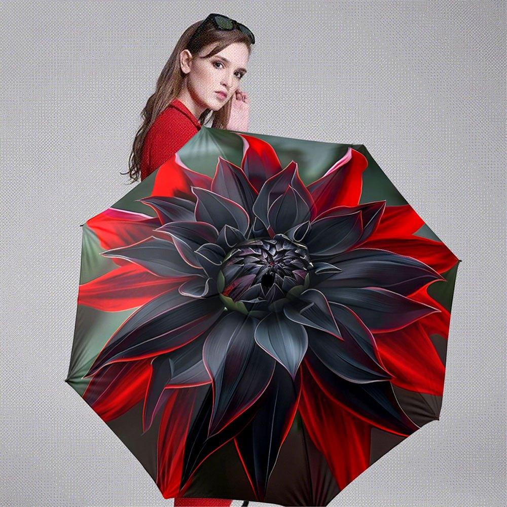 Automatic Folding Umbrella with Black & Red Floral Design - Portable Collapsible, 8-Rib Durable Iron & Plastic Frame, Automati