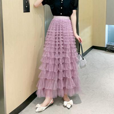 Women Skirt High Waist A-line Big Swing Ruffle Solid Color Scattered Hem Pleated Patchwork Solid Color Princess Style Elastic Waist Ankle Length Maxi
