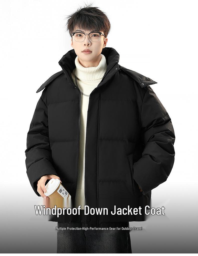 Men's Winter Down Jacket with Detachable Hood - 90% White Duck Down, Solid Color, Versatile Youth Style