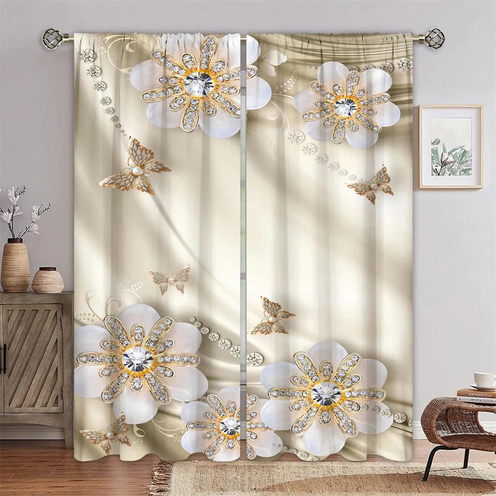 Vintage Pearl Diamond Gold FlowerFree Shipping Window Curtains For Living Room Kids Bedroom Bathroom Kicthen Door Home Decor2Pcs