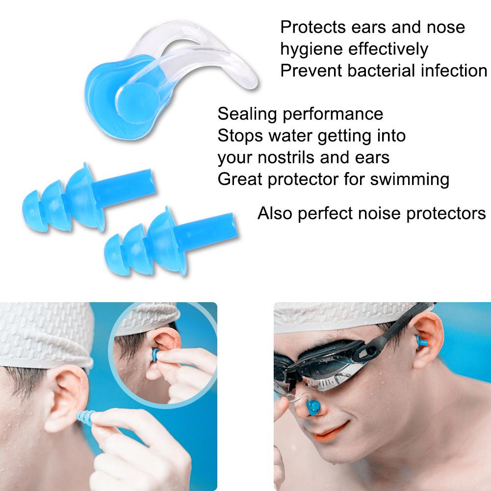 4Pcs Waterproof Soft Silicone Swimming Earplugs Earmuff Nose Clips Clamp Set Tools(Blue)