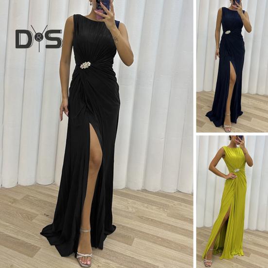 Rochie de seară pentru doamnă Tiv cu fantă plisată Lungime la podea Culoare unită Decor cu strass Fără mâneci Gât rotund Talie înaltă Decor cu strasuri Cocktail de bal