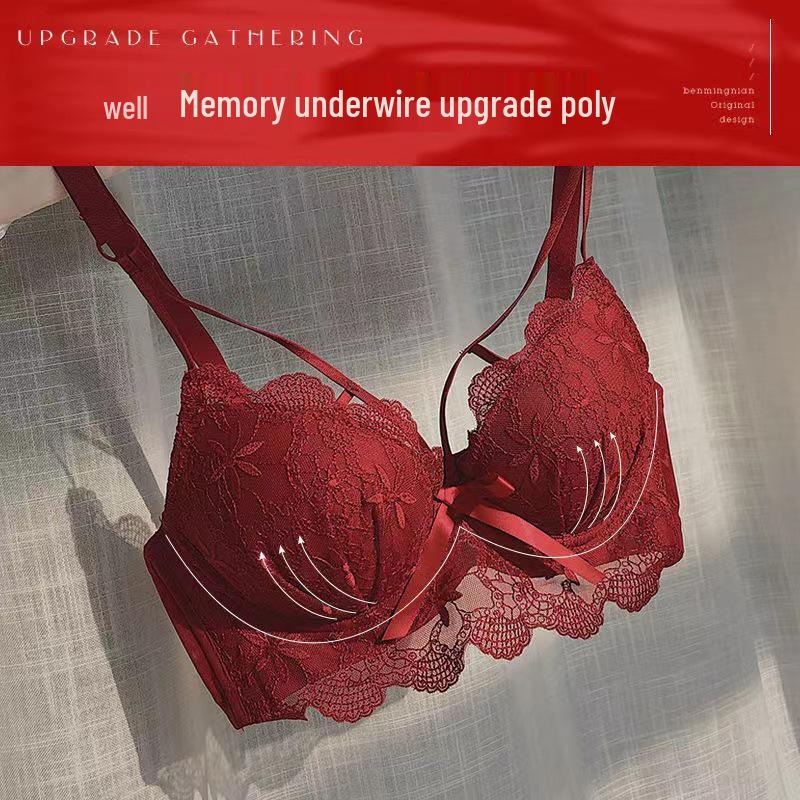 Women's Red Lace Bralette - French Style Gathered Design, Wireless, Anti-Sag