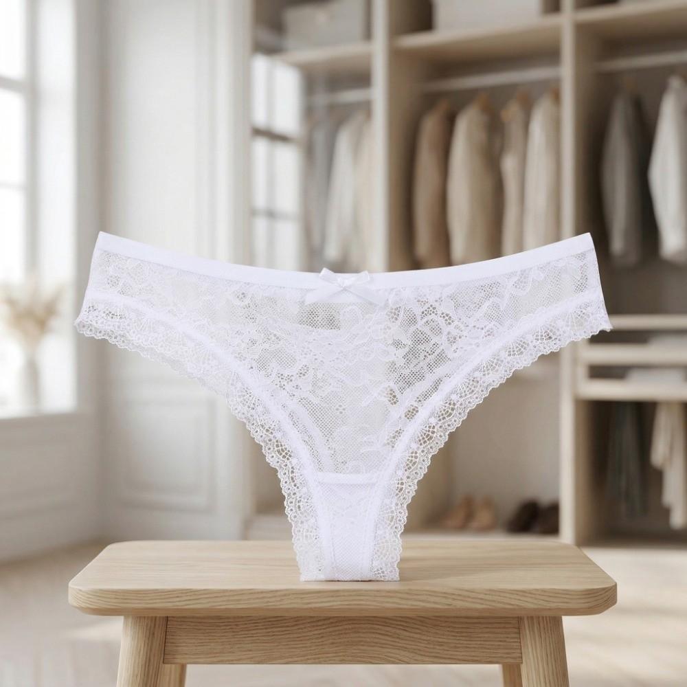 Low Waist Mesh Briefs Women Bow Flower Romantic T Panties Fashion Mesh Sheer Lace Thong Home