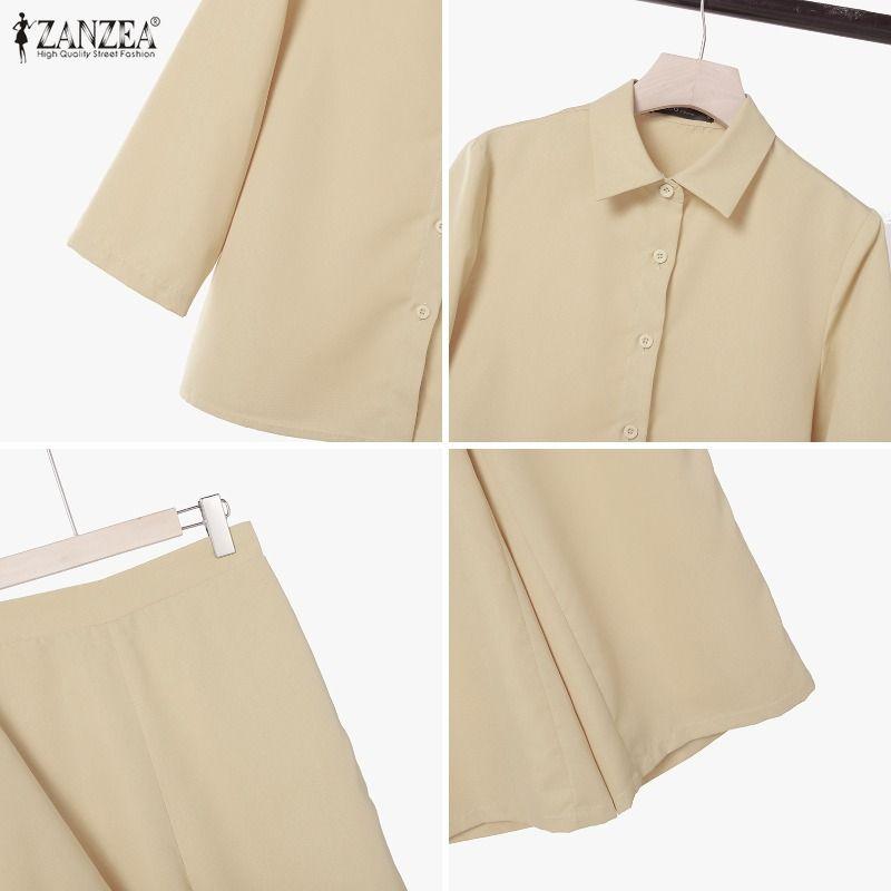 ZANZEA Women 3/4 Sleeve Blouse and Pants Casual Two Piece Suit Set