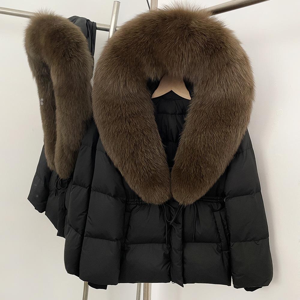 Removable oversized fox fur collar women's short down jacket women's winter new hooded waist and thin fur jacket