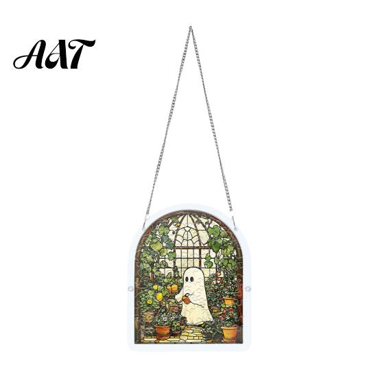 Indoor Outdoor Holiday Decoration Halloween Ghost Acrylic Puzzle Suncatcher, Colorful Window Hanging Ornament, Stained Autumn Harvest Home Decor