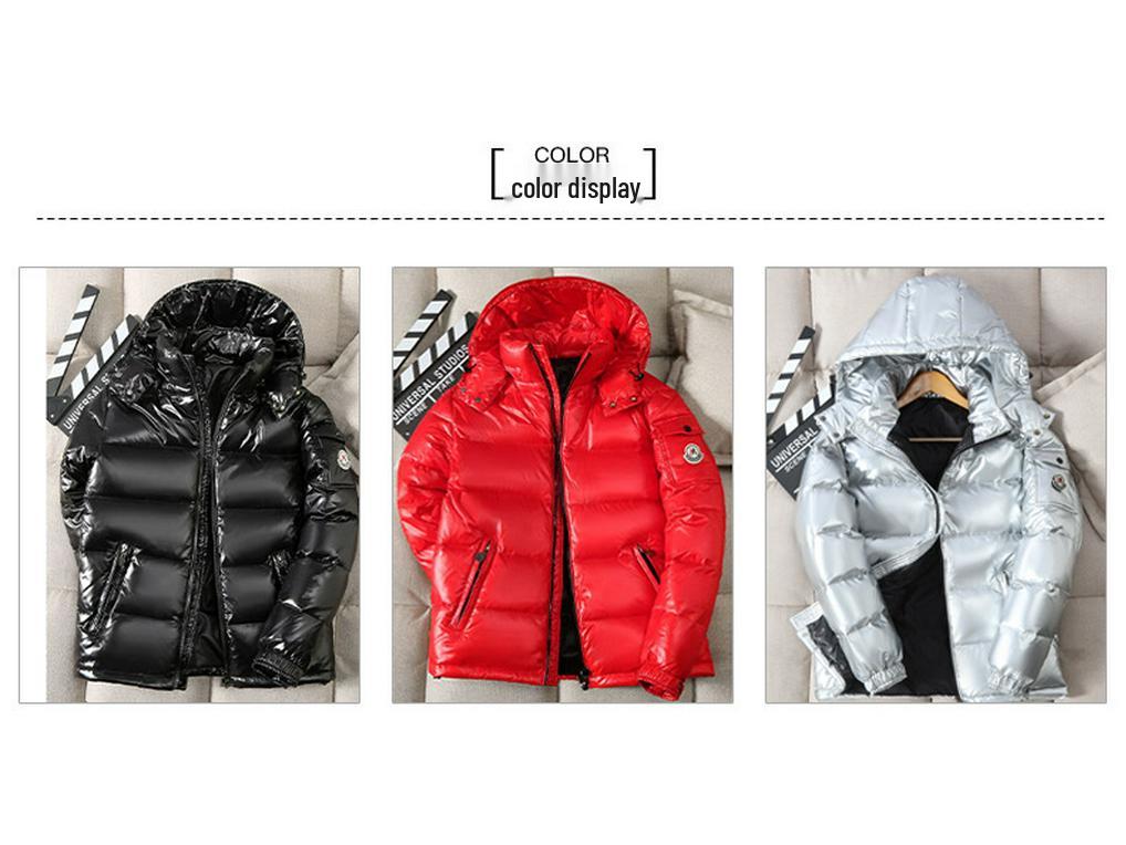 Geacă de puf lucioasă cu glugă pentru bărbați - Palton scurt de iarnă, Căldură groasă la modă