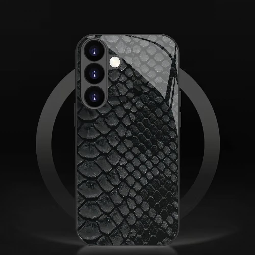 Fish Scale Texture Pattern Black Tempered Glass Phone Case for Samsung Galaxy S26 S25 S24 S23 S22 S21 S20fe/plus/ultra Anti Drop