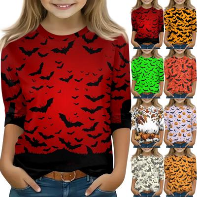 Dziecięce bluzki z rękawem 3/4, casualowy t-shirt z nadrukiem na Halloween, okrągły dekolt, pulowerowa bluzka