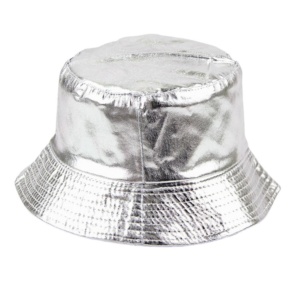 Double Sided Wear Reversible Bucket Hat Breathable Harajuku Style Gold Silver Fisherman Hat Leather UPF 50+ Sunscreen