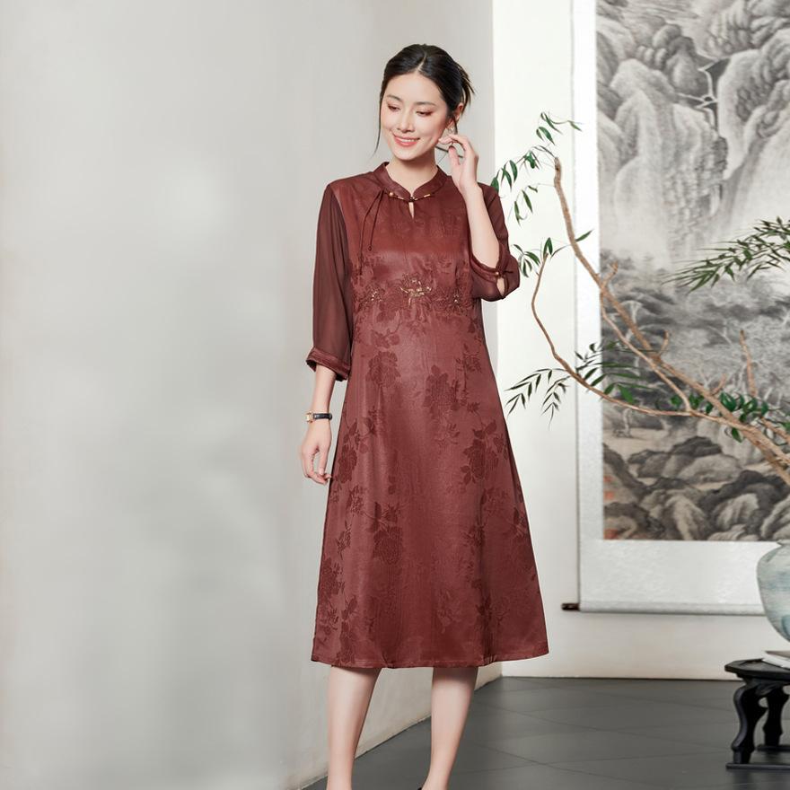 

Красное платье из шелка с облачной пряжей для женского лета, новое темпераментное, приталенное, улучшенный ципао, юбка из шелка тутового дерева 4XL тёмно-рыжий