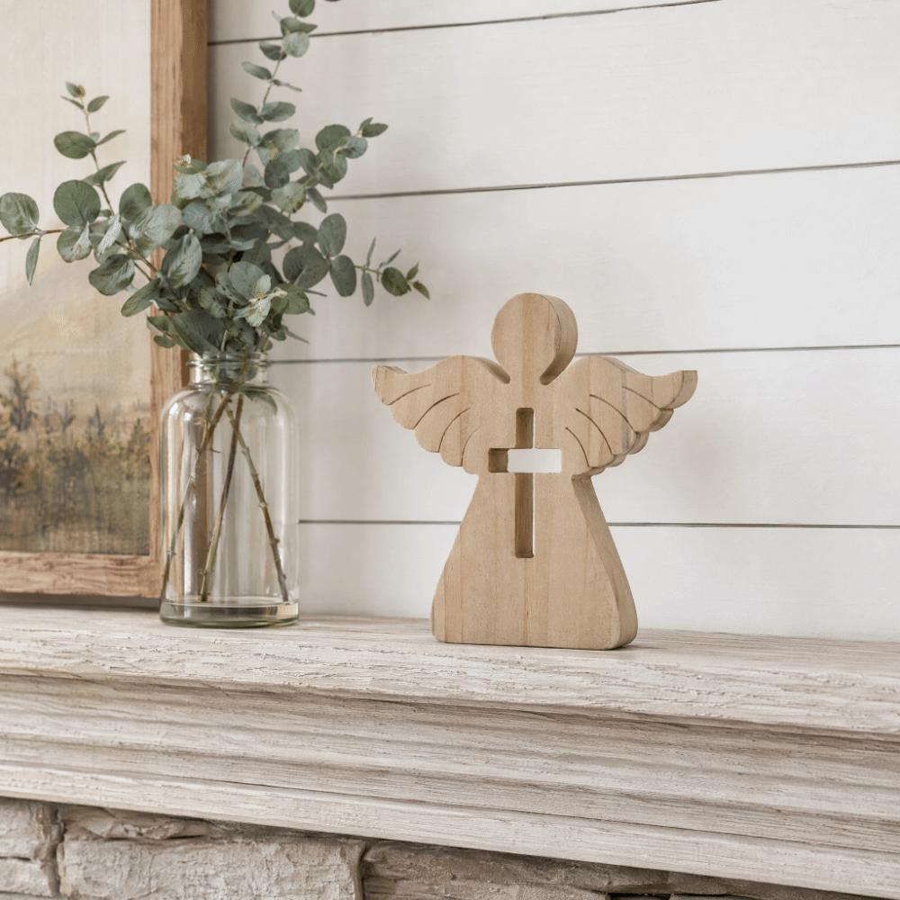 Wooden Hollow Cross Wooden Angel Tabletop Ornament Living Room Corner Shelf Display Decor