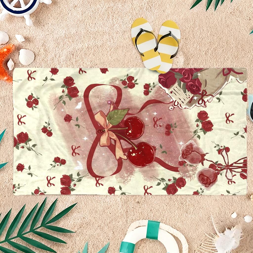Romantic Cherry&Rose Bow Beach Towel Absorbent Microfiber Quick Dry Sand Resistant Towel For Beach Yoga Swimming Bath Gym Travel
