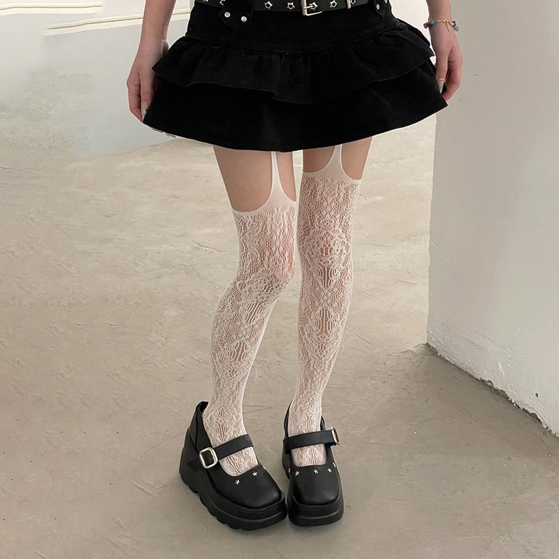 New Print Brown Fishnet Stockings Women Sexy Coffee Hollow Out Thigh High Socks Gothic Lolita Japanese Over The Knee Long Socks
