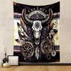 "Boho Skull with Feathers and Mandala" Patterned Tapestry Decorative Wall Hanging, Home Bedroom Living Room Decor