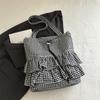 Korean Style Drawstring Bag Fashion Plaid Tote Bag Simple Lotus Leaf Shoulder Bag  Storage Bag