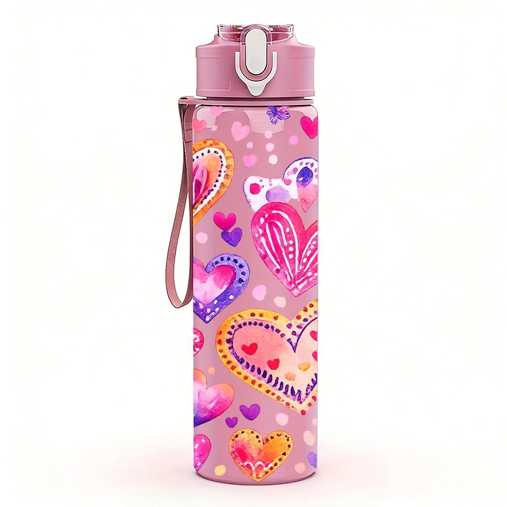 1PC Multi Color Heart Doodle Print 750ml Color Plastic Sports Water Bottle Leakproof Flip Straw Lid Suitable for Sports Office Home Use